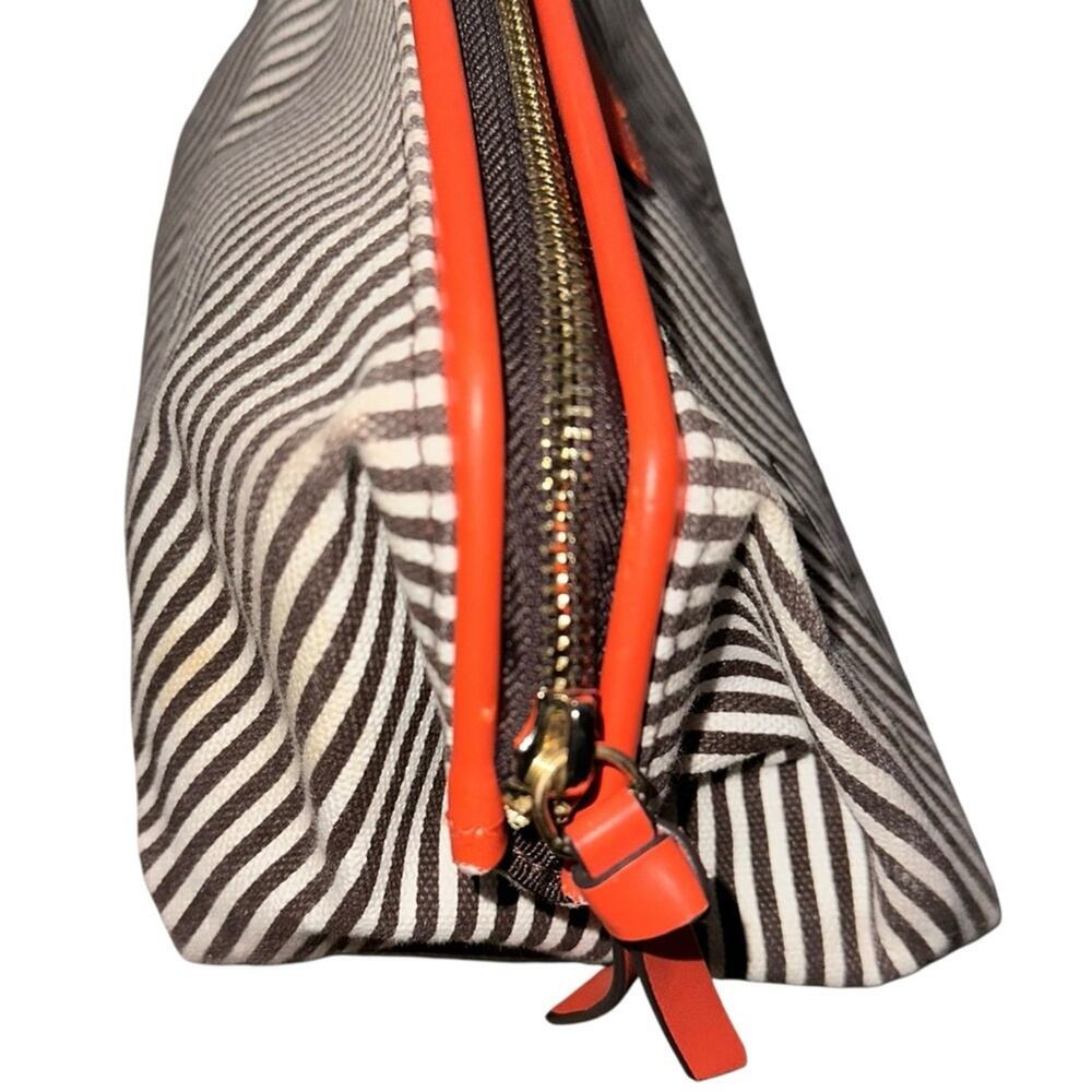 Henri Bendel Large Striped Canvas White Brown Orange Travel Cosmetic Bag Case - Picture 5 of 7